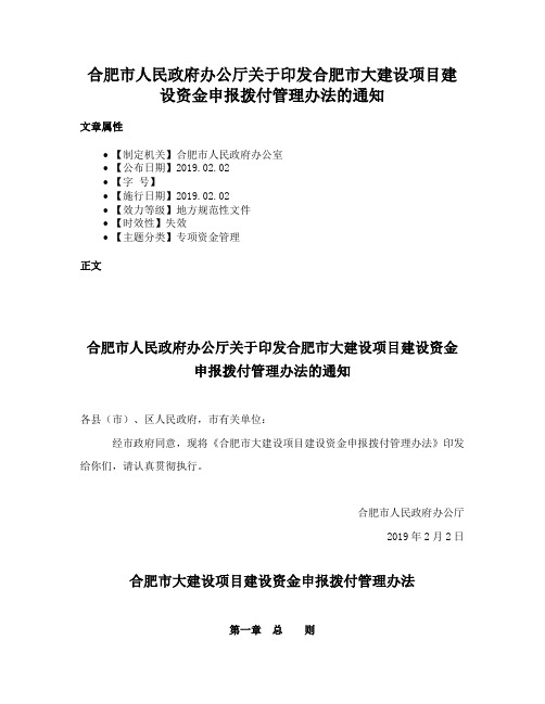 合肥市人民政府办公厅关于印发合肥市大建设项目建设资金申报拨付管理办法的通知