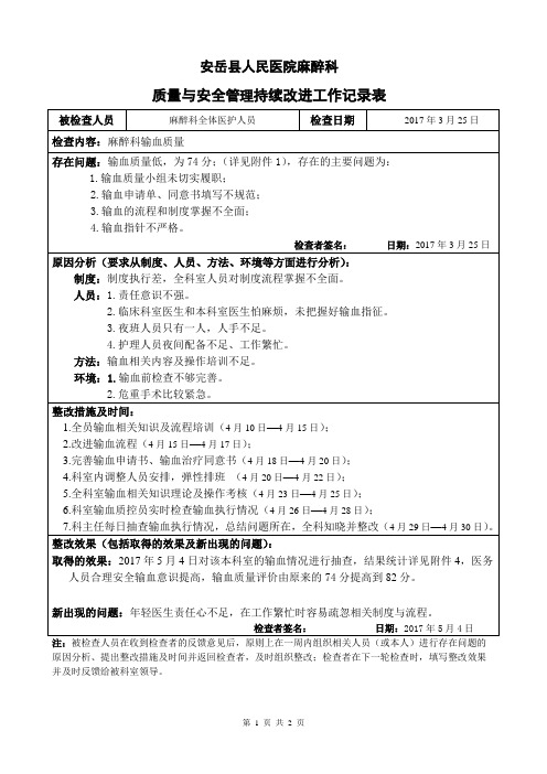 质量与安全管理持续改进工作记录表(全院模板)