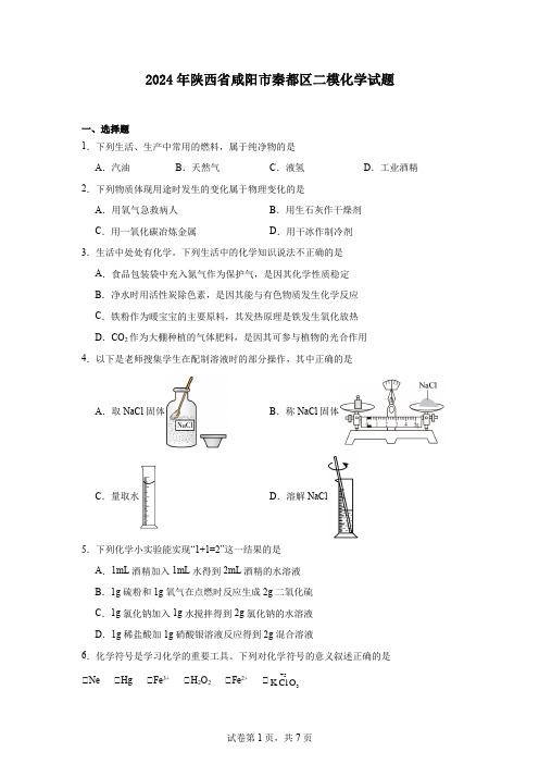 2024年陕西省咸阳市秦都区二模化学试题