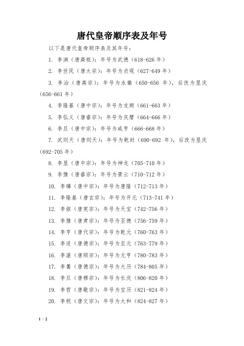 唐代皇帝顺序表及年号