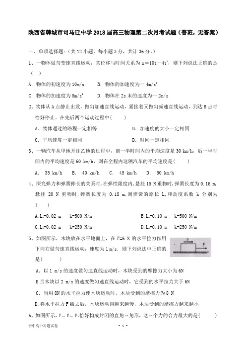 【物理试题】陕西省韩城市司马迁中学2018届高三物理第二次月考试卷普班.doc