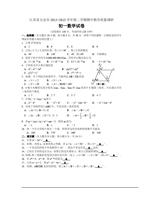 江苏省太仓市2012~2013学年第二学期期中教学质量调研初一数学试卷