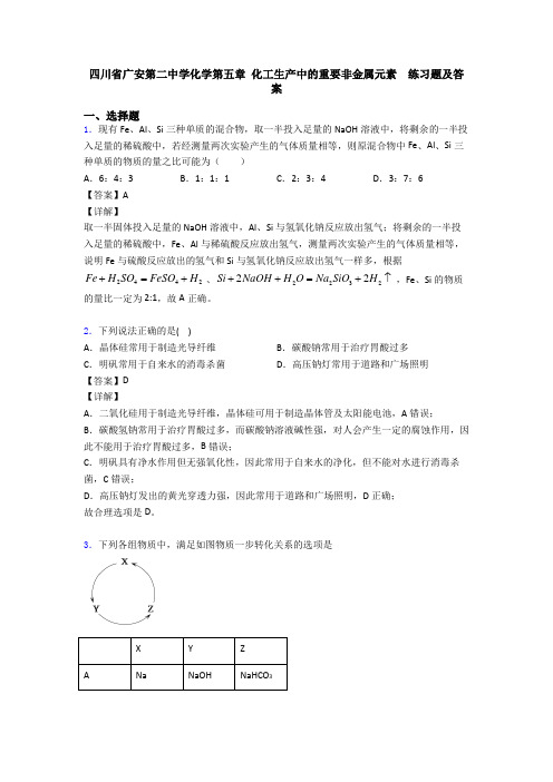 四川省广安第二中学化学第五章 化工生产中的重要非金属元素 练习题及答案