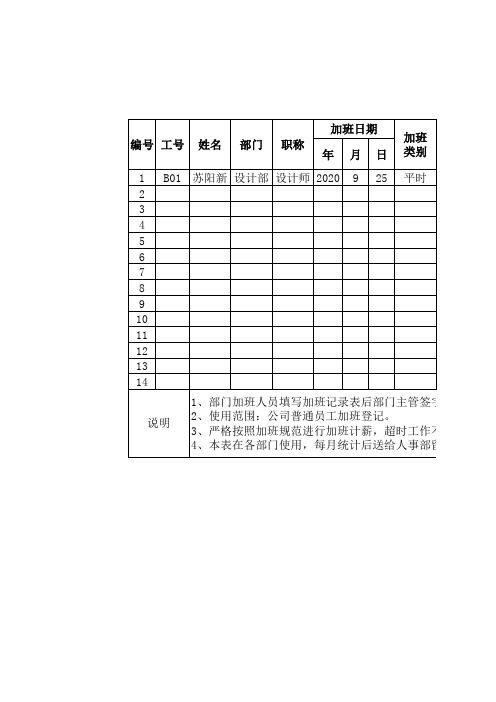 员工加班记录表