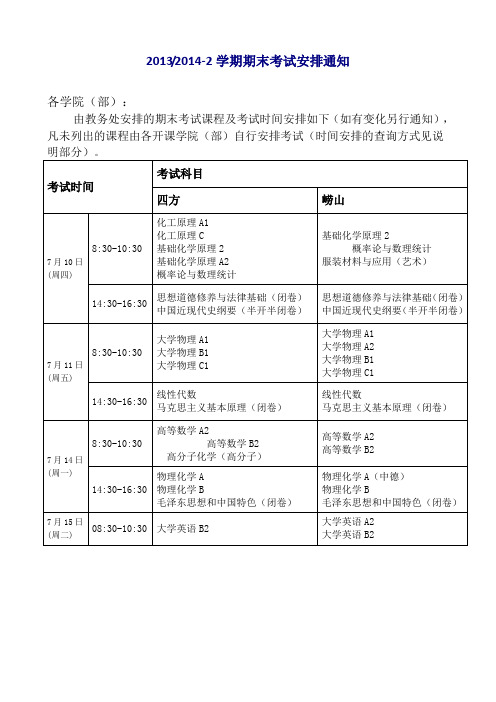 20132014-2学期期末考试安排通知