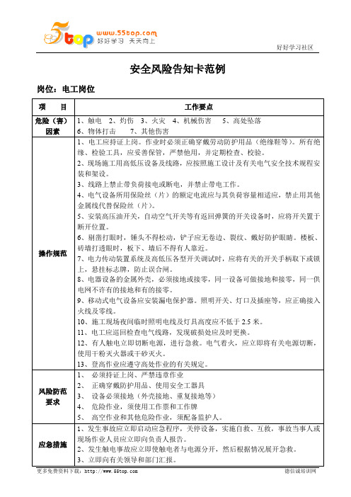 电工岗位安全风险告知卡