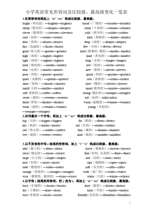 小学英语常见形容词及比较级、最高级变化一览表