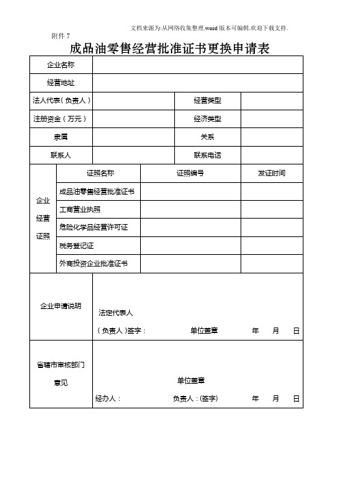 成品油零售经营批准证书更换申请表