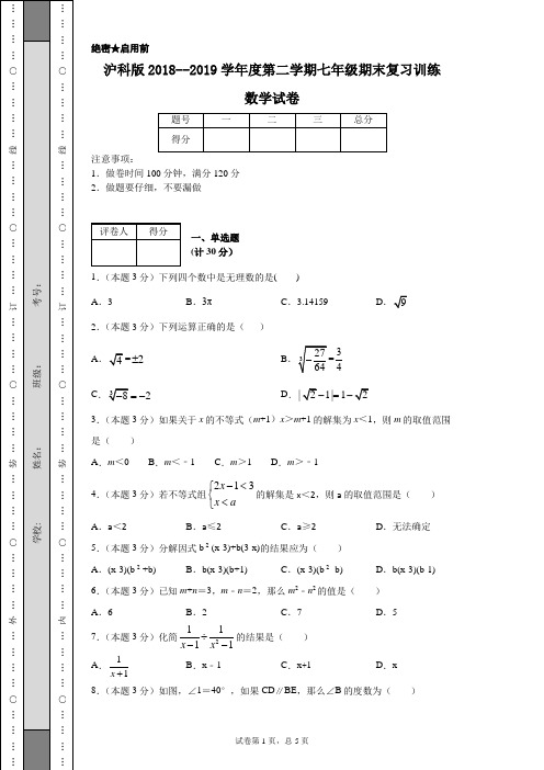 沪科版2018--2019学年度第二学期七年级期末复习训练数学试卷