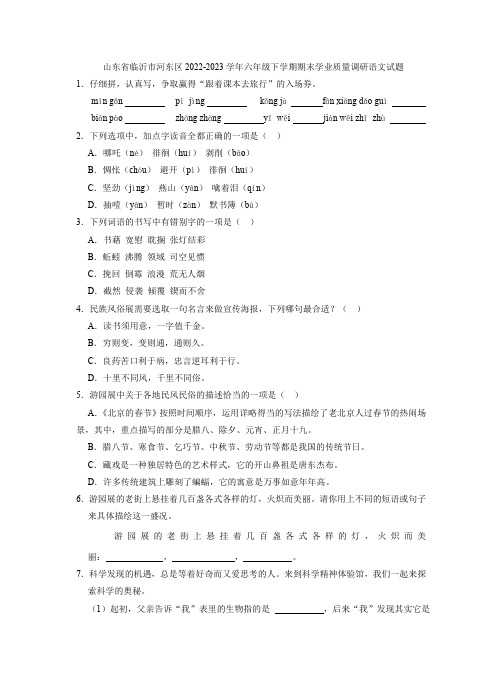 山东省临沂市河东区2022-2023学年六年级下学期期末学业质量调研语文试题(解析版)