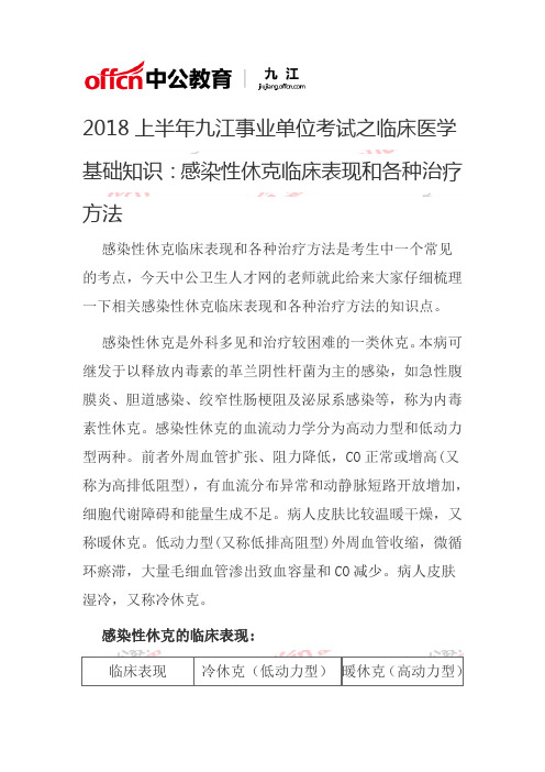 2018上半年九江事业单位考试之感染性休克临床表现和各种治疗方法