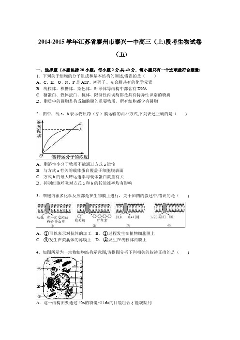 江苏省泰州市泰兴一中2014-2015学年高三上学期段考生物试卷(五) 含解析