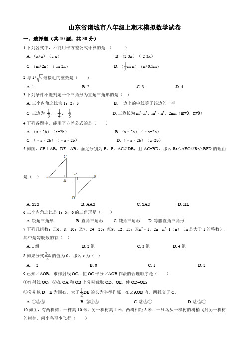 诸城市桃林镇八年级上期末模拟数学试卷(有答案)