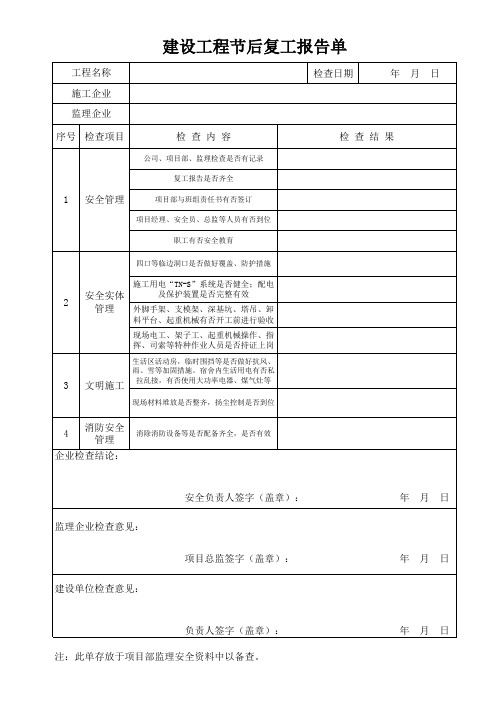 建设工程春节期间安全生产检查表