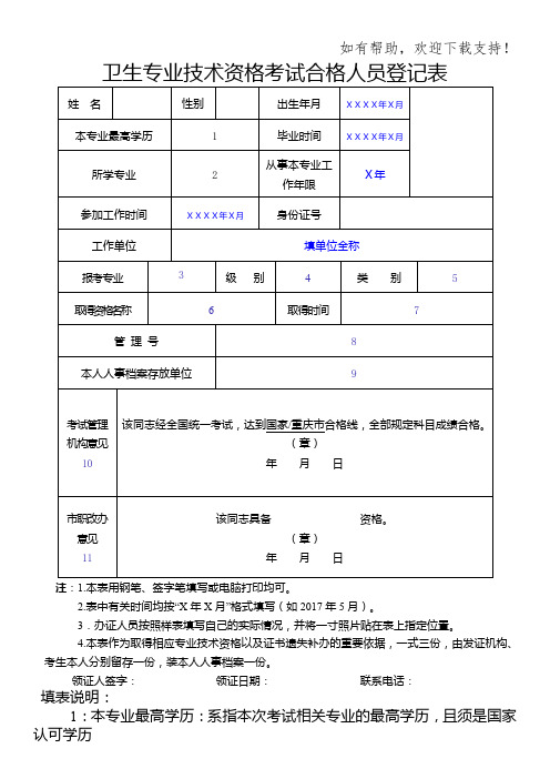 卫生专业技术资格考试合格人员登记表