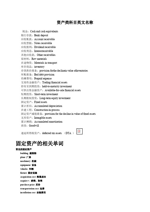 资产类科目英文名称