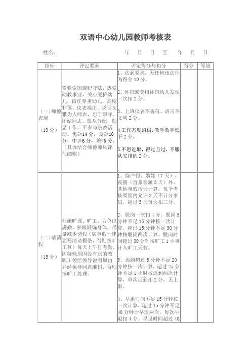 双语中心幼儿园教师考核表