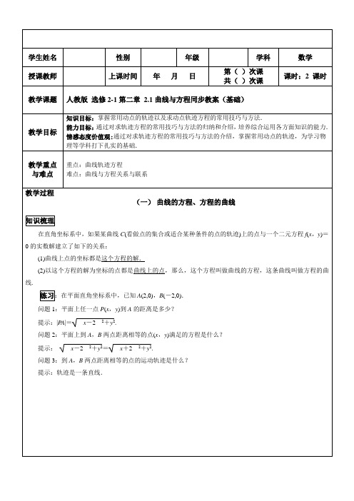 人教版高中数学选修2-1第二章 2.1曲线与方程同步教案(基础)