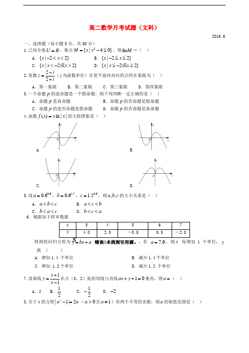 山东省武城县第二中学高二数学6月月考试题 文