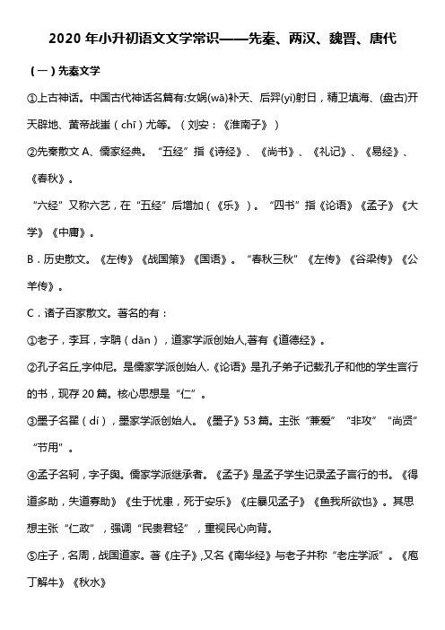 六年级下册语文素材2020年小升初文学常识 先秦、两汉、魏晋、唐代全国通用