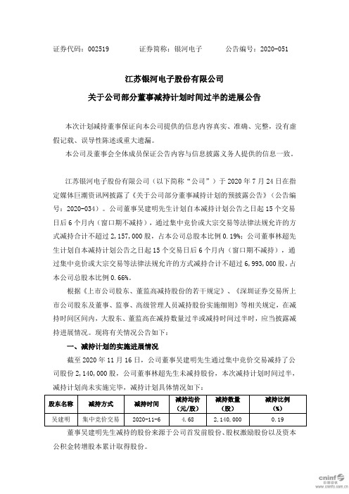 002519银河电子:关于公司部分董事减持计划时间过半的进展公告2020-11-17
