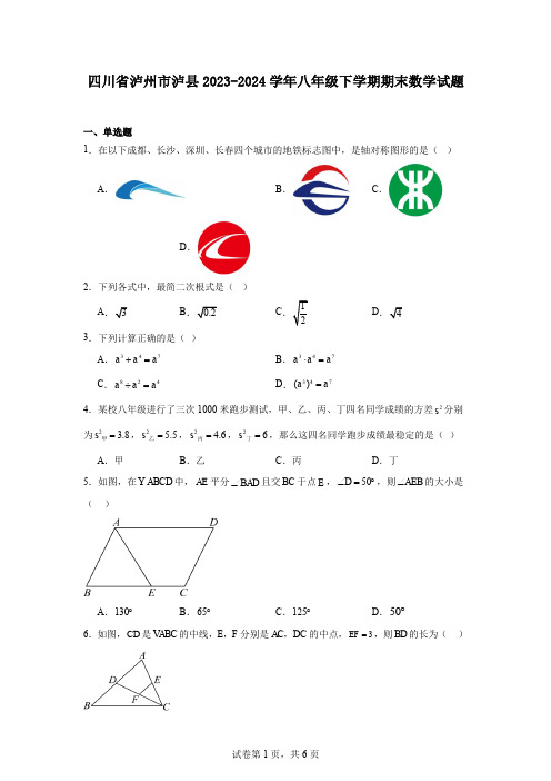 四川省泸州市泸县2023-2024学年八年级下学期期末数学试题