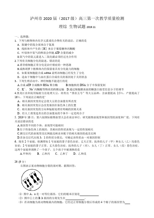 2020届四川省泸州市高三上学期第一次教学质量诊断性考试理综试题Word版含答案