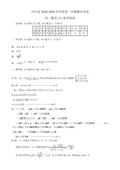 安徽省合肥市庐江县2019-2020学年高二上学期期末检测文数答案