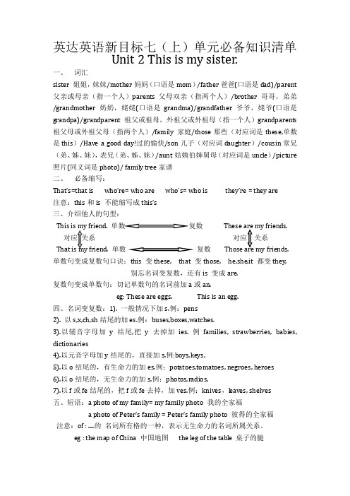 英达英语新目标七(上)单元必备知识清单