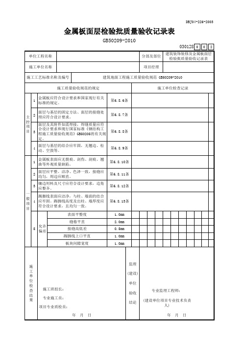 金属板面层检验批质量验收记录表