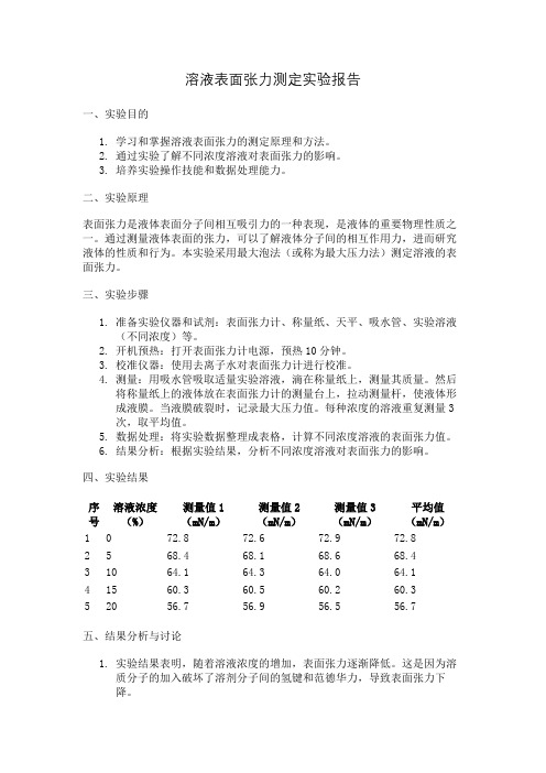 溶液表面张力测定实验报告