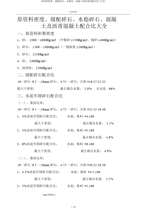 原材料密度、级配碎石、水稳层、混凝土和沥青砼配合比(大全)