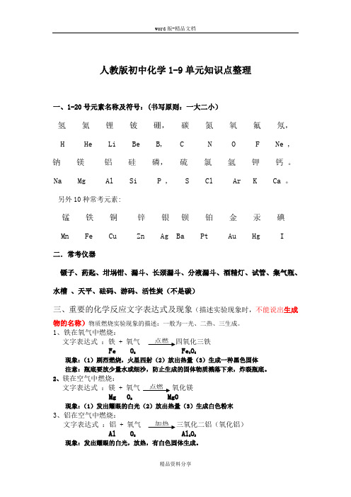 人教版初中化学1-9单元知识点整理