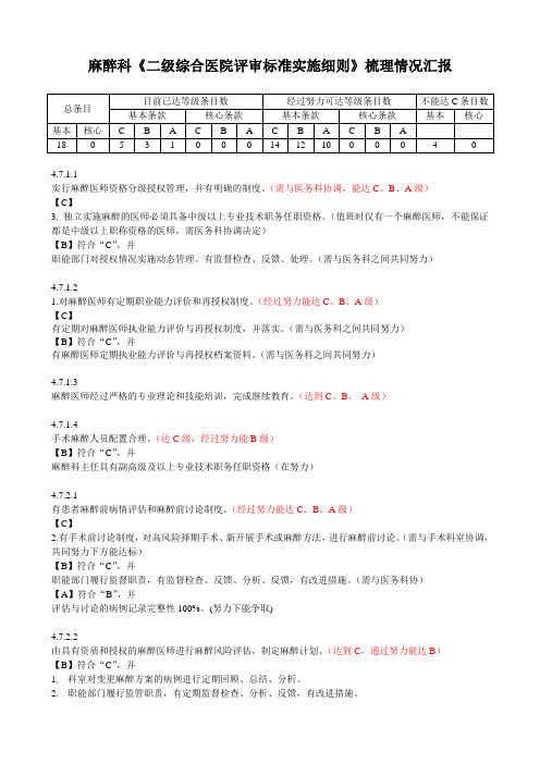 麻醉科《二级综合医院评审标准实施细则》梳理情况汇报