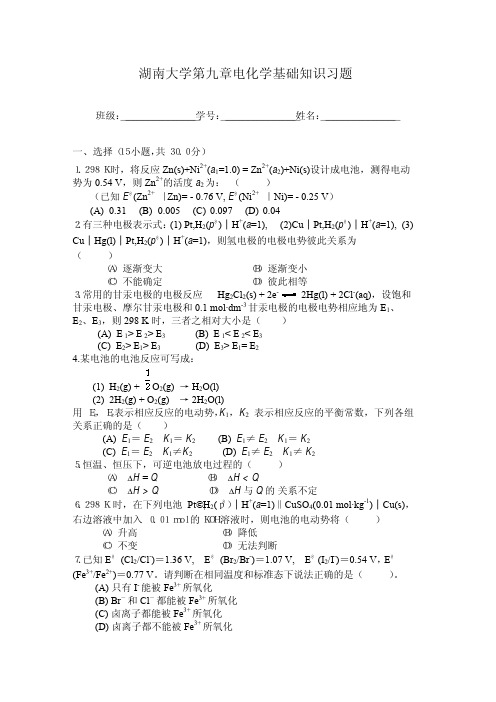 第九章电化学模拟试题