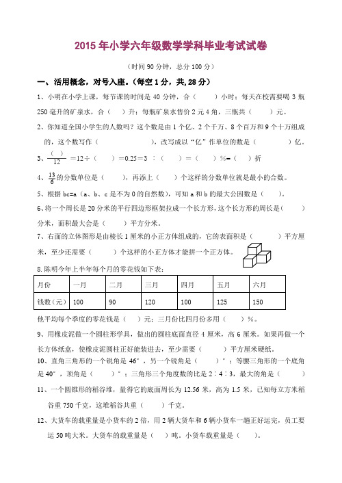 2015年小学数学学科毕业考试试卷