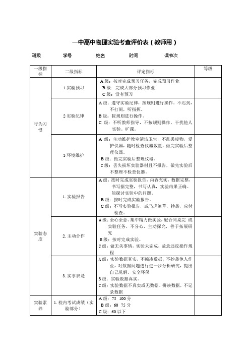 一中高中物理实验考查评价表