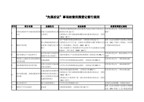 “先照后证”事项经营范围登记暂行规范