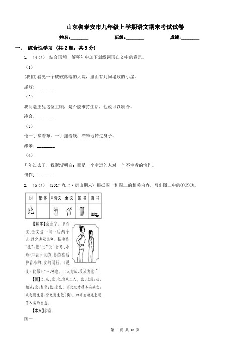 山东省泰安市九年级上学期语文期末考试试卷