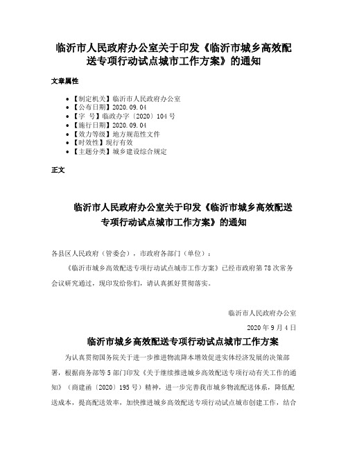 临沂市人民政府办公室关于印发《临沂市城乡高效配送专项行动试点城市工作方案》的通知