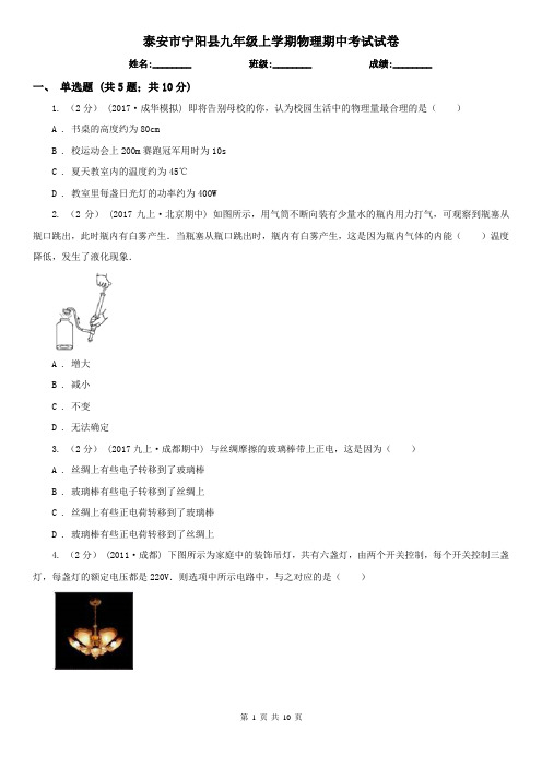 泰安市宁阳县九年级上学期物理期中考试试卷