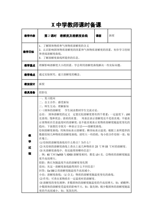 人教版九年级化学表格式教学设计(教案)：第九单元溶液课题2溶解度第2课时溶解度及溶解度曲线