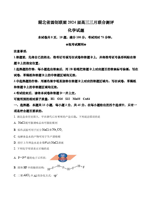 湖北省圆创联盟2024届高三三月联合测评(一模)化学试卷(含答案与解析)_8982