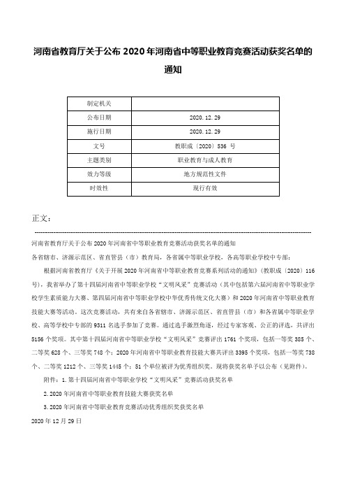 河南省教育厅关于公布2020年河南省中等职业教育竞赛活动获奖名单的通知-教职成〔2020〕536 号