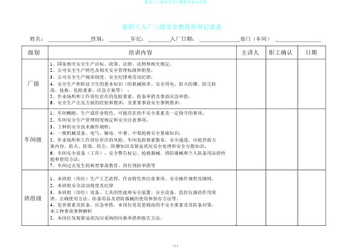 新员工三级安全学习教育培训记录表