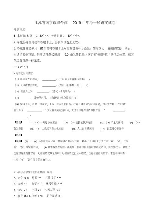 【市级联考】江苏省南京市联合体2019届中考一模语文试题(解析版)