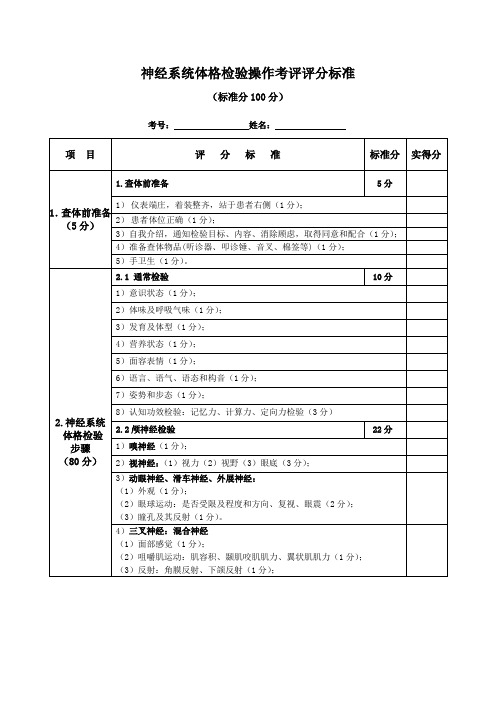 9、神经系统查体考核评分标准