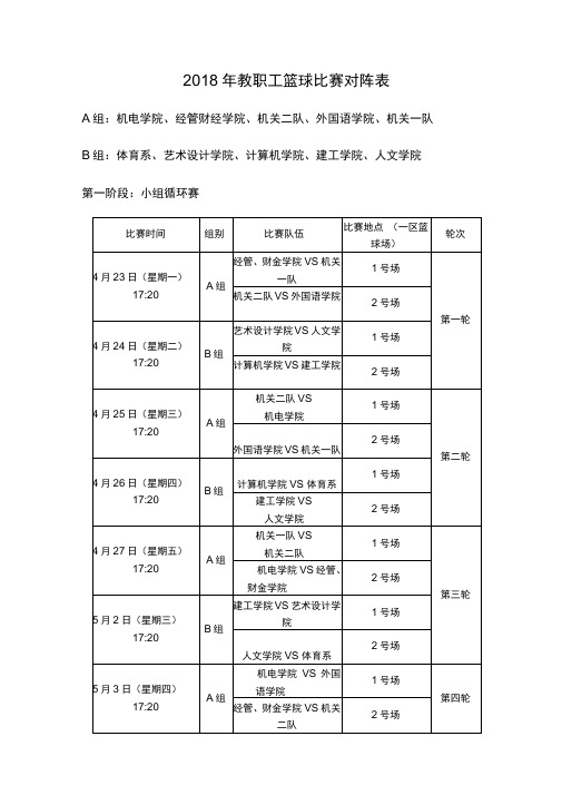 2018年教职工篮球比赛对阵表