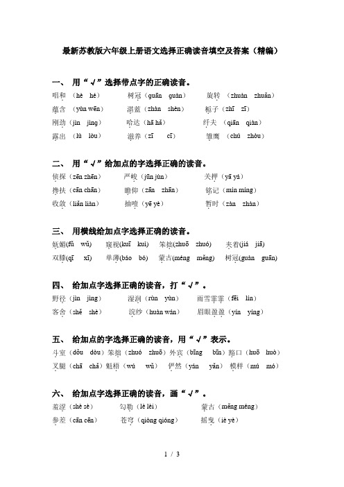 最新苏教版六年级上册语文选择正确读音填空及答案(精编)