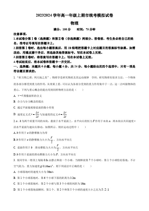 湖南省岳阳市岳阳县第一中学2023-2024学年高一上学期市统考模拟物理试卷(原卷版)